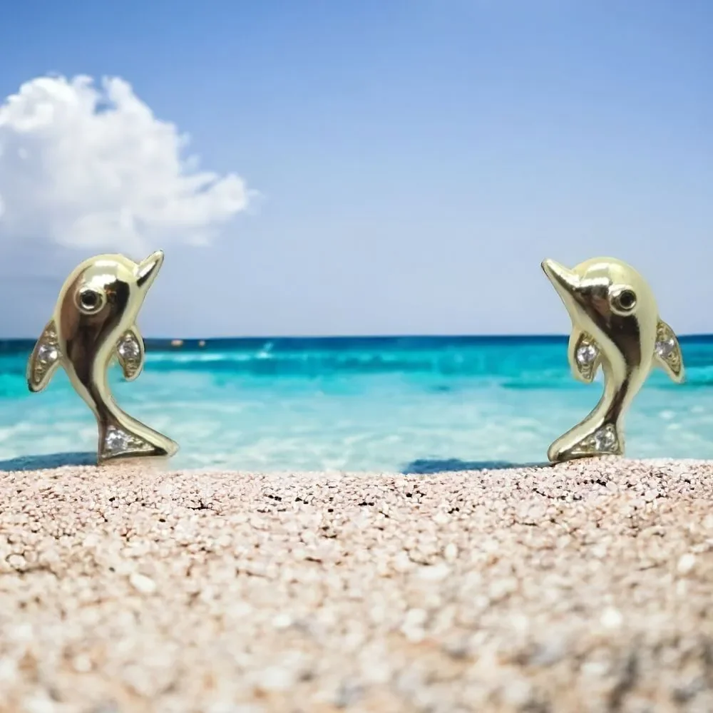 Dolphin Stud Earrings 14K Gold Plated CZ Sea World Nautical Ocean Marine Jewelry